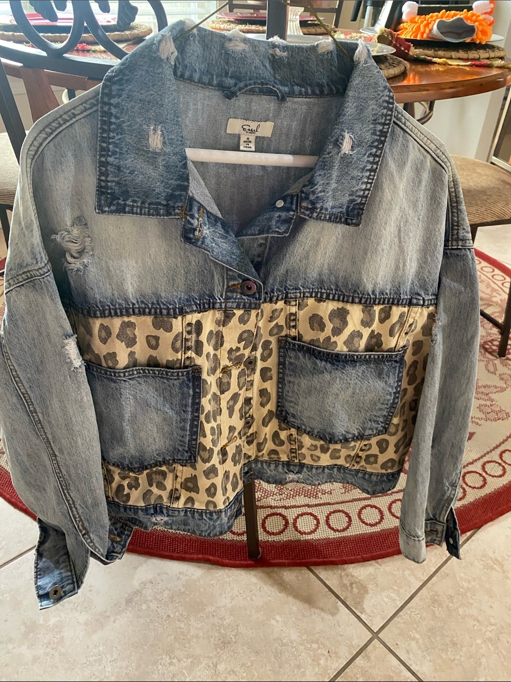 Easel Two-Tone Washed Oversized Denim Jacket with Leopard Panel and Ft Pockets